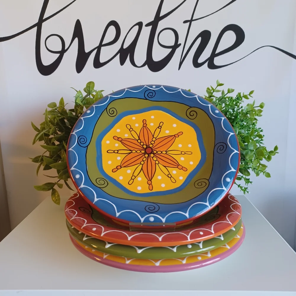 4 Piece Pier 1 Hand Painted Ironstone Salad Plate Set